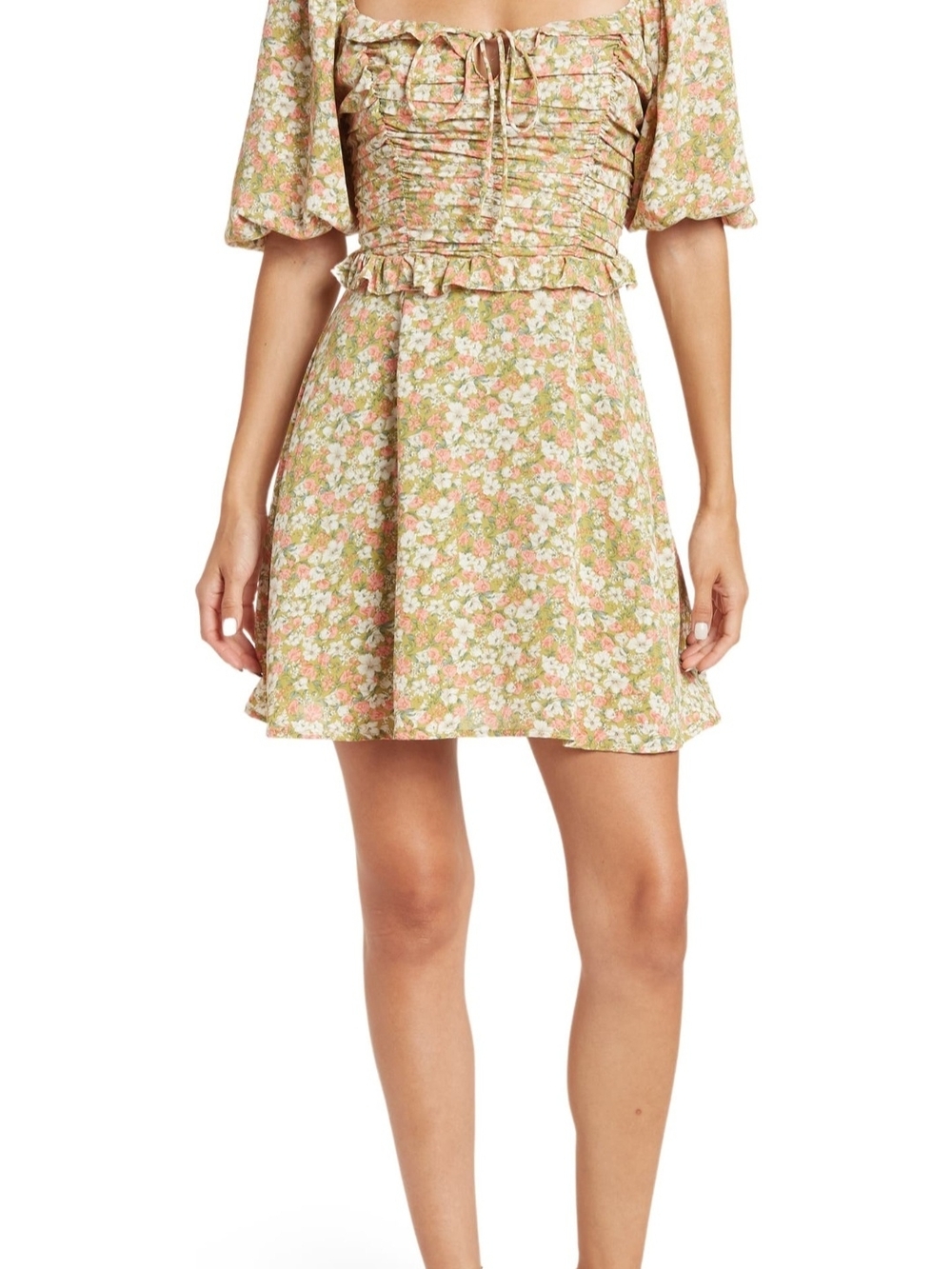 Lush Green Floral Open/Tie-Back Puff Sleeve Mini Dress (Size Medium)